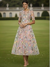 Недорогие Длина щиколотки-А-силуэт Платья Ниже колена Коктейльные платья Свадебное платье для гостей Платье для матери невесты Рукав до локтя Вырез под горло Вырез лодочкой Элегантный стиль На каждый день