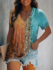  Damen T Shirt Druck Grafik Vintage Lässig Boho Kurzarm V Ausschnitt Normale Oberteile Täglich Blau Sommer Frühling