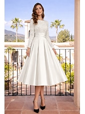 economico Abiti da cocktail-Linea ad A Lunghezza Tè Abiti da Cocktail Abiti da festa Elegante Brillanti Manica Lunga Girocollo Natale Ospite di nozze Raso Velluto con Pieghe Paillettes