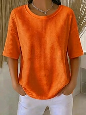 Недорогие Простая футболка-Жен. Вафельная рубашка Футболка Футболки Топы в вафельном вязании Сплошной цвет Классика Современное На каждый день С короткими рукавами Вырез под горло Обычные топы Повседневные Праздники На выход