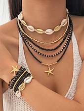 cheap Women's Necklace-Women's Multi-Layer Beaded Necklace and Bracelet Set with Starfish Pendant – Alloy Material, Bohemian Style, Colorful, Perfect for Vacation, Beach and Daily Casual Wear