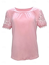 economico Top in Pizzo-Per donna Camicia Blusa Top in pizzo Pizzo Semplice Elegante Classico Moderno Manica Corta Girocollo Top Regolari Quotidiano Ferie Uscire Blu Nero Bianco Rosa Rosso Estate Primavera