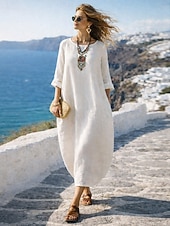 abordables Vestidos-Vestido largo de mujer 100% algodón, vestido recto de lino sintético, caftán, moda moderna, diario, vacaciones, salidas, corte holgado, liso, manga larga, cuello redondo, blanco, verano, primavera, otoño