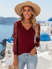 preiswerte Spitzenoberteile-Damen Bluse Spitzentops Langarm-Tops Patchwork Einfach Stilvoll Basic Klassisch Langarm Wasserfallausschnitt Normale Oberteile Täglich Ferien Ausgehen Schwarz Weiß Rosa Rote Marineblau Sommer Frühling