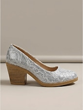 お買い得  ブロックヒールパンプス-レディース シルバー レース ブロックヒール パンプス - エレガントな花柄レース クローズドトゥ シューズ。快適なチャンキーウッドグレインヒール。結婚式や普段使いに最適。 &amp;特別な機会