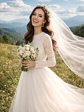 economico Piccole vestiti bianchi-Abito da ballo Lunghezza alla caviglia Abiti da sposa Abito da sposa Vintage Anni 1940 / 1950 Piccoli Abiti Bianchi Manica Lunga Scollo Tondo Laurea Compleanno Raso Pizzo con Applicazioni Tinta unita