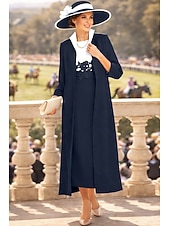 baratos Conjuntos de vestidos para mamãe-Duas Peças Tubinho Até o Tornozelo Vestido de convidada de casamento Vestido Para Mãe dos Noivos Sem Manga Decorado com Bijuteria Elegante Convidado do casamento Festa de Casamento Igreja Tecido Que