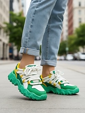 economico Sneakers da donna-Sneaker Chunky Blocco Colorato Verde e Bianco da Donna per Mardi Gras con Lacci in Cordoncino – Scarpe Platform Vivaci per Carnevale Feste anni '90 e Moda Urbana