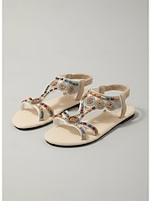 baratos Sandálias Planas-Sandálias rasteiras femininas pretas estilo boêmio com aplicações de miçangas multicoloridas – calçado étnico floral com tira em T, ideal para férias em destinos tropicais e viagens à praia.