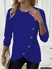 preiswerte Einfarbiges T-Shirt-Damen T Shirt T-Shirt Knöpfe Einfach Mode Stilvoll Klassisch Kurzarm Rundhalsausschnitt Normale Oberteile Täglich Ausgehen Wochenende Blau Schwarz Weiß Rote Grün Sommer Frühling Herbst