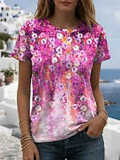 cheap Floral tee-Women's T Shirt Print Graphic Plants Stylish Classic Casual Short Sleeve Crew Neck Regular Tops Daily Blue Yellow Purple Green Summer Spring