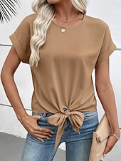abordables T-shirt uni-Femmes T-shirt Nœud Uni Mode Élégant Classique Manche Courte Col ras du cou Hauts Réguliers Quotidien Sortir Week-end Noir Blanche Vin Marron Beige Été Printemps