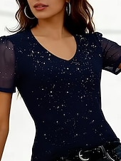 abordables T-shirt uni-Femmes T-shirt Paillettes Maille Couleur Unie Élégant Mode Classique Manche Courte Col en V Hauts Réguliers Quotidien Sortir Week-end Noir Rouge Été Printemps
