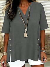 voordelige Overhemden-Dames Overhemden met linnenlook Blouse Overhemd van imitatie linnen Knop Effen Kleur Dagelijks Stijlvol Basic Halve mouw V-hals Normale tops Dagelijks blauw Zwart Geel Rood Paars Zomer Lente Herfst