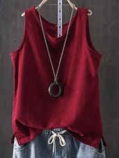 economico Camicie Finte Essenziali-Per donna Finto cotone e lino Semplice Moda Elegante Classico Senza Maniche Manica Corta Girocollo Top Regolari Quotidiano Uscire Weekend Blu Nero Bianco Giallo Rosa Estate Primavera