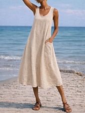 abordables Vestidos-Mujer Vestido maxi Vestido de cambio Vestido de verano Casual Diario Holgado Plano Sin Mangas Cuello Barco Azul Piscina Negro Blanco Verde Claro Verano Primavera Otoño