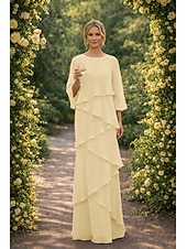 preiswerte Bodenlänge-Schlauchkleid Bodenlang Kleid für Hochzeitsgäste Abendkleid Brautmutterkleid Dreiviertelarm Rundhalsausschnitt Elegant Formell Chiffon mit Rüschen