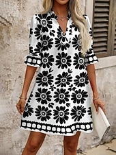 cheap Floral Dress-Women's Mini Dress Shift Dress Casual Dress Print Dress Fashion Modern Daily Vacation Going out Regular Fit Floral Long Sleeve V Neck Blue Black Red Fuchsia Spring Fall