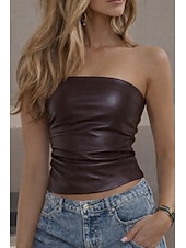 Недорогие Простой бак-Жен. Облегающий топ Топ из искусственной кожи Рюши Открытая спина Сплошной цвет Винтаж Стиль горячий Без рукавов Бандо Обычные топы Повседневные На выход