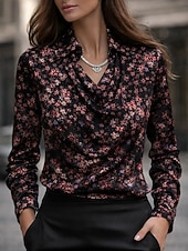 baratos Blusas Florais-Mulheres Camisa Social Imprimir Com Pregas Floral Gráfico Elegante à moda Casual Manga Longa Gola Boba Tops regulares Diário Trabalho Feriado Roxo Primavera Outono