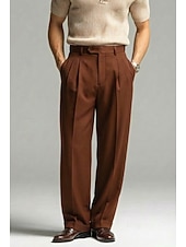 economico Giacche e Completi uomo-Pantaloni eleganti da uomo in lino, plissettati, vestibilità comoda – pantaloni estivi leggeri e casual, gamba larga e dritta, disponibili in marrone, blu navy e beige.