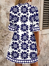 cheap Floral Dress-Women's Mini Dress Shift Dress Casual Dress Print Dress Fashion Modern Daily Vacation Going out Regular Fit Floral Long Sleeve V Neck Blue Black Red Fuchsia Spring Fall