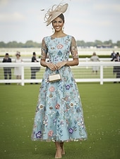 billige Ankellengde-A-linje Kjoler Ankellengde Cocktail Kjole Gjestekjole til bryllup Kjole til brudens mor Halvlange ermer V-hals Elegant Fritid Formell Bryllupsgjest Kentucky Derby Chiffon Tyll med Blomstertrykk