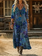  Damen Maxikleid Boho-Kleid Vintage-Kleid Freizeitkleid Vintage Täglich Outdoor Urlaub Lässiger Schnitt Blumen Langarm V Ausschnitt Blau Hellgrün Marineblau Dunkelgrün Frühling Herbst