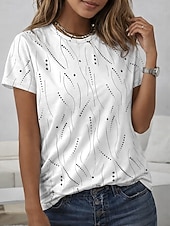 cheap Stripe&amp;Geometric tee-Women's T Shirt Print Striped Graphic Geometric Striped Bohemia Vintage Stylish Short Sleeve Crew Neck Regular Tops Daily Blue Ash White Yellow Pink Summer Spring