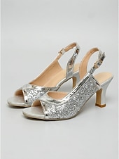 billiga 1920-talet &amp; Gatsby-eran-Damsandaler med glittriga silverpaljetter - eleganta klackskor i gatsby-stil från 1920-talet med peep toe och spegelblank finish för fester och art déco-evenemang under 20-talets heta år