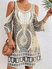 billige Boho-kjoler-Dame Mini kjole Boho-kjole Vintage kjole Uformell kjole Elegant Mote Moderne Feriereise Ut på byen Helg Normal Geometrisk Stamme Halvlange ermer V-hals Blå Lilla Brun Grønn Sommer Vår