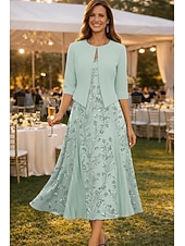 economico Set di abiti per la mamma-Due Pezzi Linea ad A Lunghezza Tè Abito da invitata a nozze Abito da cerimonia per signora Manica Corta Scollo a V Elegante Semplice Lussuoso Formale Ospite di nozze Chiffon Crêpe con Pizzo Perline