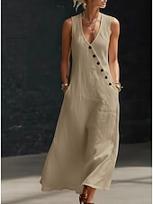 abordables Robes décontractées-Robe longue en coton et lin pour femme, robe d'été, robe trapèze, robe cintrée et évasée, robe de vacances décontractée, style bohème, robe de plage décontractée, robe de soirée ample, robe unie sans