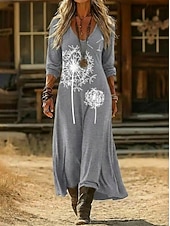  Γυναικεία Μακρύ φόρεμα Καθημερινό φόρεμα Floral φόρεμα Καλοκαιρινό φόρεμα Βίντατζ Καθημερινά ΕΞΩΤΕΡΙΚΟΥ ΧΩΡΟΥ Διακοπές Χαλαρή Εφαρμογή Πικραλίδα Μακρυμάνικο Λαιμόκοψη V Λευκό Κίτρινο Βαθυγάλαζο Γκρίζο