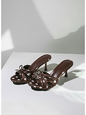 economico Sandali con tacco-Eleganti mules da donna marroni a pois con tacco alto - chic sandali in raso con fiocco e tacco a spillo, perfetti per banchetti serali, cene in resort di lusso e serate estive.