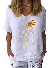 preiswerte Hemden-Damen Baumwoll Mischung Bluse Patchwork Druck Grafik Stilvoll Klassisch Modern Kurzarm V Ausschnitt Normale Oberteile Täglich Ferien Ausgehen Weiß Gelb Dunkelblau Grau Leicht Blau Sommer Frühling