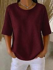 Недорогие Простая футболка-Жен. Вафельная рубашка Футболка Футболки Топы в вафельном вязании Сплошной цвет Классика Современное На каждый день С короткими рукавами Вырез под горло Обычные топы Повседневные Праздники На выход