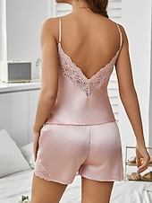 preiswerte Damen Nachthemden und Sleepshirts-Damen Schlafanzug Freizeitkleidung Lässig Einfarbig Spitze Elastischer Bund Rückenfrei Shorts Urlaub Straße Date Ärmellos V Ausschnitt Rosa Rote Purpur Grün Beige Sommer Frühling Normale Passform
