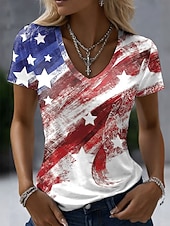  Giorno dell'Indipendenza Americana Per donna Maglietta Stampato Grafico Bandiera Vintage Elegante Classico Manica Corta Scollo a V Top Regolari Quotidiano Nero Bianco Cachi Estate Primavera
