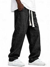 cheap Classic-Men's Linen Pants Trousers Summer Pants Baggy Pants Pocket Elastic Waist Straight Leg Solid Color Comfort Comfortable Full Length Casual Daily Holiday Vacation Fashion Blue Black Inelastic