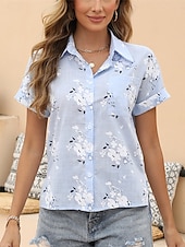 Недорогие Основные искусственные рубашки-Жен. Рубашка Блуза Искусственный хлопок и лен Пэчворк Пуговицы С принтом Цветочный принт Графика Винтаж Стиль Классика С короткими рукавами Рубашечный воротник Обычные топы