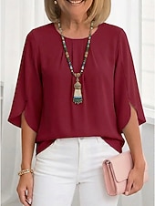 voordelige Effen Blouses-Dames Blouse Chiffon-topjes Met ruches Effen Actief Stijlvol Halve mouw Strakke ronde hals Normale tops Dagelijks Feestdagen Uitgaan Zwart Wit Lichtgroen Wijn Marineblauw Zomer Lente