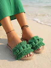preiswerte Rutschsandalen-Damen Strand Urlaub Quaste Flacher Absatz Runde Zehe Bohemien Urlaub Stoff Loafer Schwarz Gelb Grün