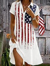  Amerykański Dzień Niepodległości Damskie Sukienka mini Sukienka A line Urlop Codzienny Plaża Regularny Graficzny Flaga Gwiazdy i paski Krótki rękaw W serek Niebieski Biały Czerwony Ciemnoniebieski