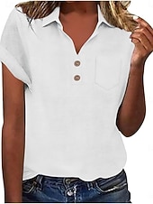 cheap Shirts-Women's Shirt Blouse Cotton Shirt Buttons Solid Color Vintage Classic Modern Short Sleeve Shirt Collar Regular Tops Daily Holiday Going out White Yellow Navy Blue Sky Blue Light Blue Summer Spring