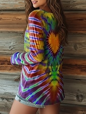 preiswerte Kunst &amp; Design T-Shirt-Damen T Shirt Druck Herz Grafik Batik Bohemien Vintage Ethnisch Langarm V Ausschnitt Normale Oberteile Täglich Blau Gelb Rote Purpur Grün Sommer Frühling Herbst
