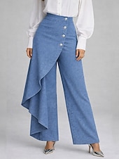 abordables pierna ancha y cintura alta-Mujer Perneras anchas Vacaciones Básico Longitud total Media cintura Rígido Vacaciones Calle Casual Azul Piscina De color verde oscuro Azul Laguna Negro Primavera Holgado