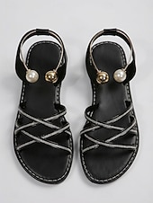 cheap Women-Women's Elegant Black Strappy Sandals - Comfortable Flat Summer Slides with Sparkling Rhinestones &amp; Ankle Strap for Luxury Hotel Stays, Poolside Parties &amp; Resort Vacations