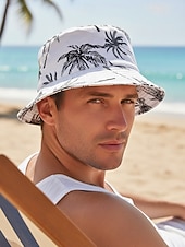 abordables Chapeaux pour hommes-Bob réversible pour homme en polyester, chapeau de soleil à imprimé palmiers multicolores, casquette de pêcheur tropicale décontractée idéale au quotidien, en voyage, en vacances et en séjour balnéaire.