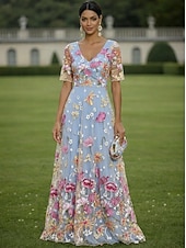 voordelige Vloerlengte-A-lijn Jurken Tot de grond Feestjurk Cocktail jurk Moeder van de bruid jurk Korte mouw V-hals Elegant Vintage Luxueus Formeel Bruiloft gast Kentucky Derby Chiffon Tule met Bloemenprint Borduurwerk